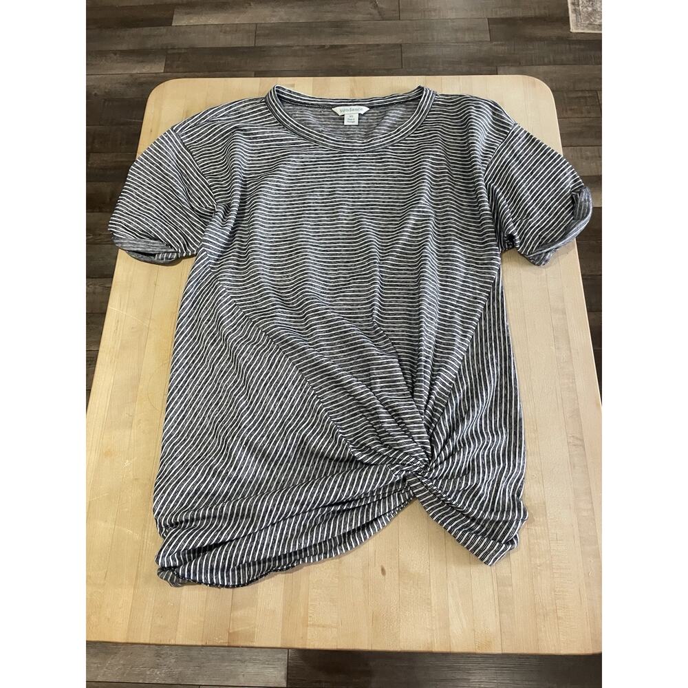 Sundance Ashlyn Cotton Linen Blend Black White Striped T-shirt Short Sleeve Top